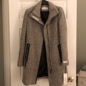 Calvin Klein Faux Leather Trim Boucle Coat